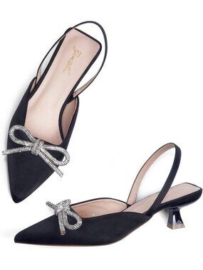 Women's Black Slingback Rhinestone Bow Heels Pointed Toe Kitten Pumps Slip On